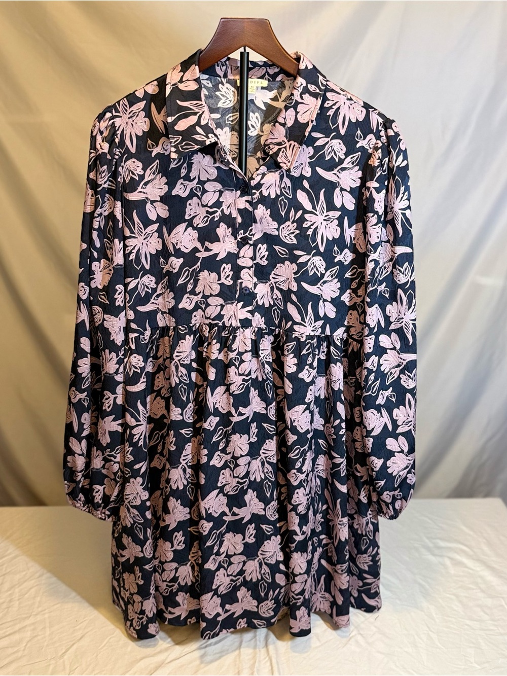 JODIFL Navy and Lavender Floral Long Sleeve Tiered Button Dress Size XL (GG)